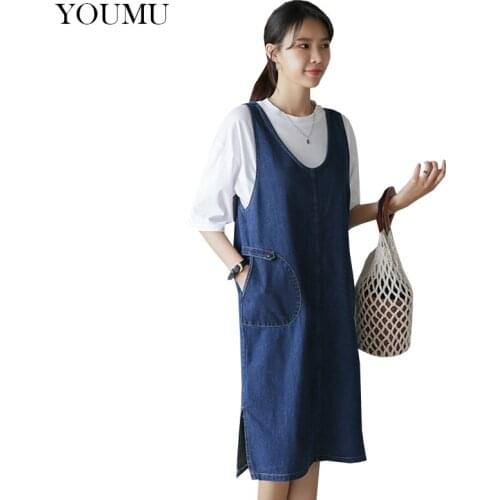 Women Denim Dress Patch Pocket Overalls Loose A-Line Cowboy Camisole Suspender Dresses Jeans Oversize 223-162