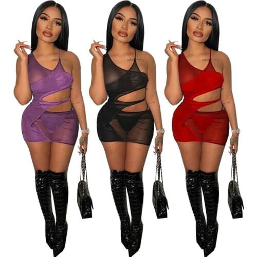 European and American womens summer solid color hanging neck wrapped chest asymmetric mesh gauze sexy dress female nightclub