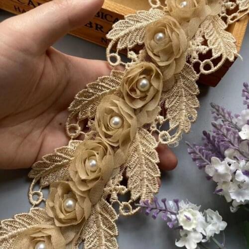 2 Yard Gold Pearl Soluble Flower Embroidered Lace Trim Ribbon Floral Applique Fabric Handmade Wedding Dress Sewing Craft New