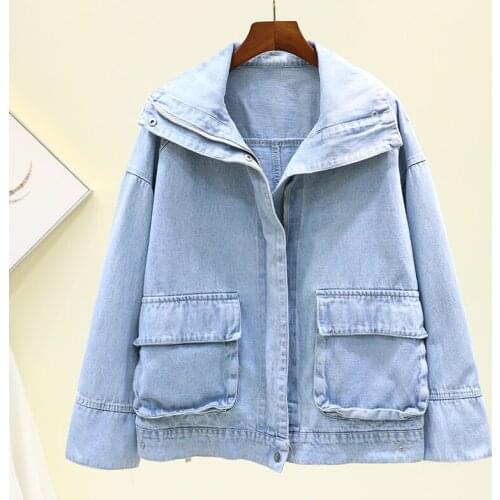 2020 New Autumn Womens Denim Jackets Vintage Overcoat Turn-down Collar Jeans Coat Female Loose Casual Outerwear Plus Size P819