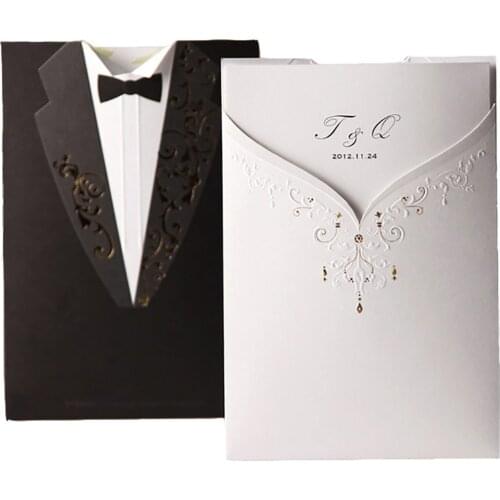 50Pcs Blank Black & White Laser Cut Acrylic Wedding Invitations Card, Groom and Bridal Tuxedo Invitation Marriage with Envelopes