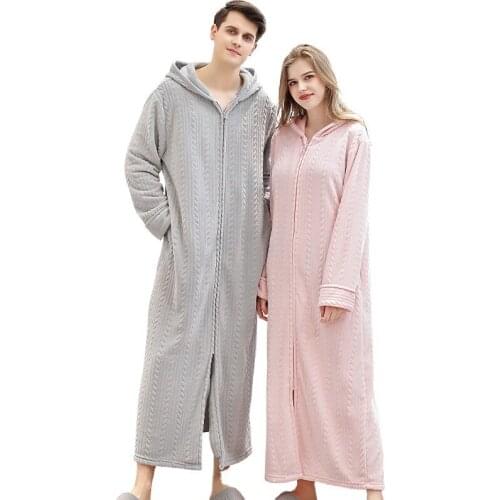 Flannel new zipper thickening pajamas for lovers, autumn and winter hooded thick bathrobes and fertilizers to enlarge nightgowns