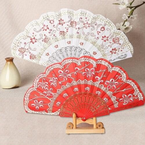 Chinese Style Bronzing Fan Traditional Lace Bronzing Fabric Folding Fan Home Decor Flower Painting Pattern Fan Hand Dance Fan