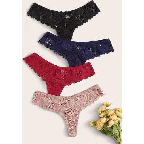 4PC Women Sexy Panties Lace Flower Low Waist Underwear Lingerie Female Thongs T-back Temptation Ladies Gstring T-back Breathable