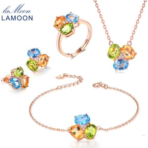 LAMOON 3ct Oval Yellow Citrine Green Peridot Blue Topaz Jewelry Sets 925 Sterling Silver Jewelry for women V003-1