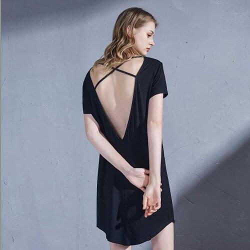 Summer Women Sexy Black Short Sleeve Backless Skirt Loose Thin Soft Loose Modal Sleep-Dress Comfort Spring Fall Household Dress