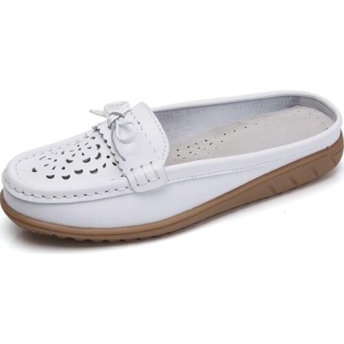 Summer Genuine Leather Women Flats Hollow Slip On Leather Loafers Ladies Shoes Korean Style Soft Moccasins Half Slippers Size 43
