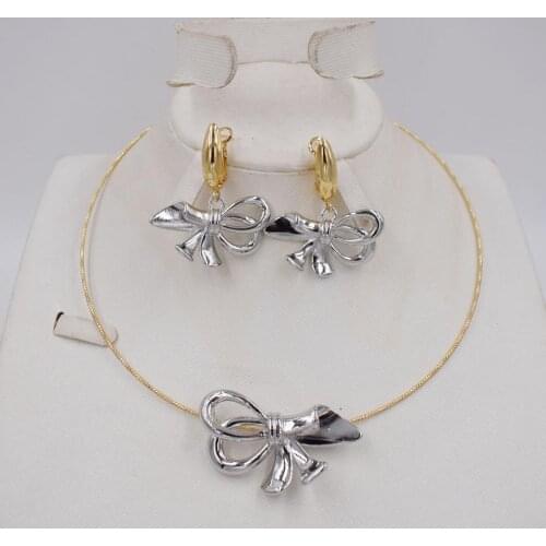 Bowknot Copper Dubai Jewelry Set Birthday Gift For Women Drop Earrings Pendant Statement Necklace For Party Wedding