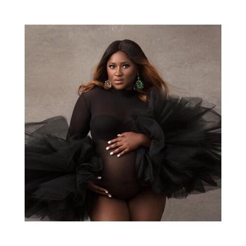 Fashion Black See Thru Maternity Tulle Dress For Women Photography Puffy Ruffled Sleeve Bodysuit South Africa Style Plus Size