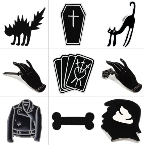 9 Style Black Brooches Cross Card Hand Metal Pins Bone Head Badge Jackets Pin Cat Jewelry Men Accessories Brooch Gifts For Women