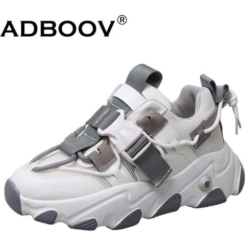 ADBOOV Mesh Leather Casual Sneakers Women Men Plus Size 35-43 Buckle Platform Fashion Shoes Unisex Chunky Sneakers Trainers