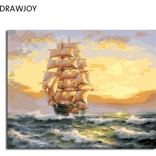 DRAWJOY Framed Home Decor Picture Painting By Numbers Seascape DIY Canvas Oil Painting Wall Art For Living Room Picture