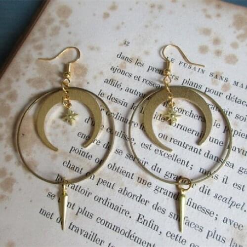 Fancy Space Moon and Star Crescent Earrings Phase Boho Charm Hippie Witchy Creative Jewellery Gypsy Brass Pagan Gift Women