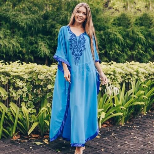Embroidery Kaftan Beach Tunic Cotton Beach Cover Up Saida De Praia Swimwear Women Bikini Cover Up Pareo Sarong Beachwear