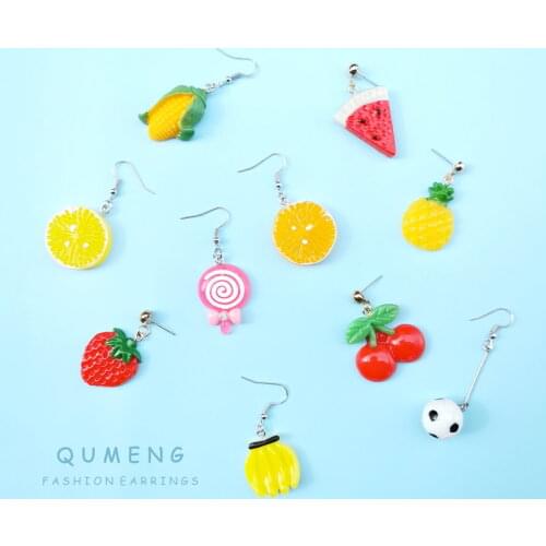 QUMENG 2020 korean Resin stereo lemon orange cherry earrings long pendant fashion summer fruit jewelry for women girls