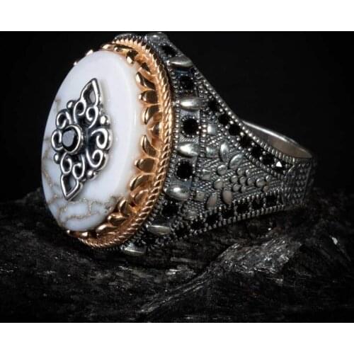 Symmetric Pattern Silver Men Ring Oval White Pearl Stone and Zircon Stone Ring Ornate Vintage Men Silver Accessories