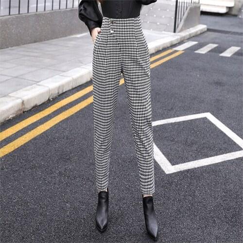 Bird Lattice Harem Pants 2021 Autumn New Arrival High Waist Brand Quality Small Feet Pants Folds Waist Slim Wome Winter Trousers