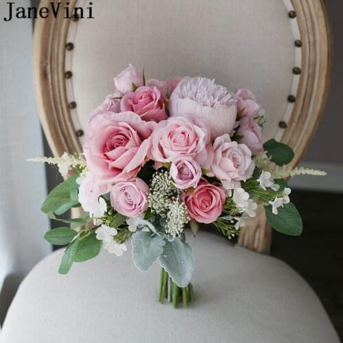 JaneVini Pink Flower Silk Rose Artificial Wedding Flowers Bridal Bouquets Fake Peony Bride Photo Holding Flowers Ramo De Novias