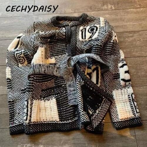 Sweater Cardigan Women Winter Clothes Lace Up Number Letters Vintage Thick Warm Casual With Belt Knitted Outwear Coats Mujer Top