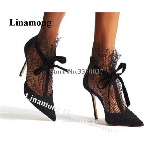 Linamong Women Elegant Pointed Toe Black Mesh Stiletto Heel Pumps Luxury Lace-up High Heels Wedding Dress Shoes