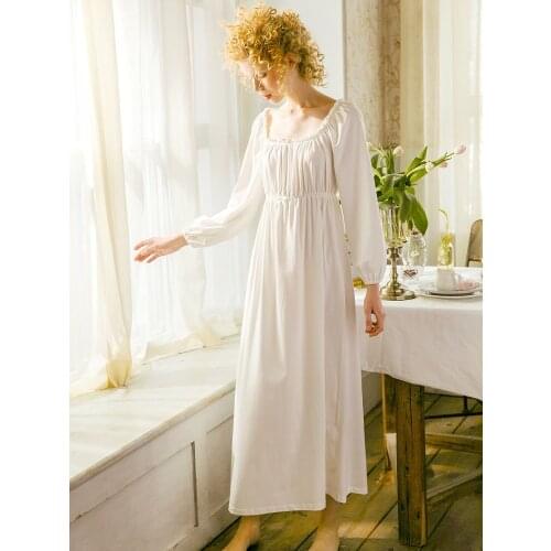 Spring Autumn White /Navy Color Vintage Sleepwear Long Sleeve Elegant Female Princess Long Nightgowns Plus Size Night Dress