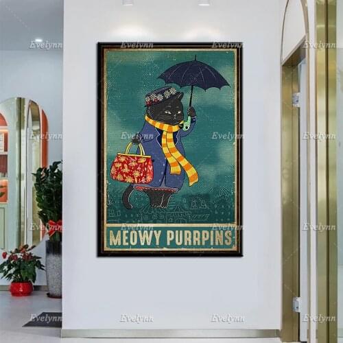 Black Cat Lovers Meowy Purrpins Funny T Shirt Mary Poppin Retro Posters Wall Art Prints Home Decor Canvas Unique Gift