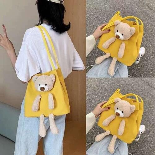 Women Lamb Like Fabric Shoulder Tote Bag Canvas Fluffy Fur Bear Handbags Large Capacity Soft Shopping Bags Girls Cute School Bag