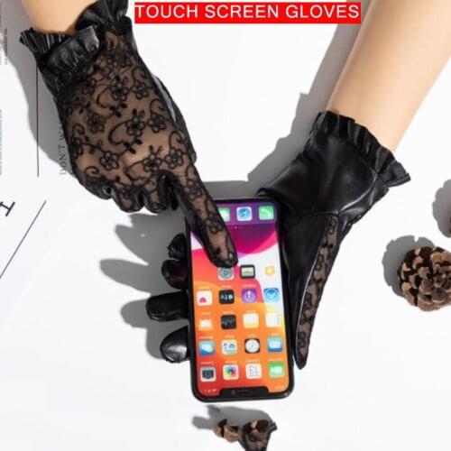 Ladies New Black Leather Gloves Touch Screen Lace Total Fashion Breathable Spring and Autumn Bickmods