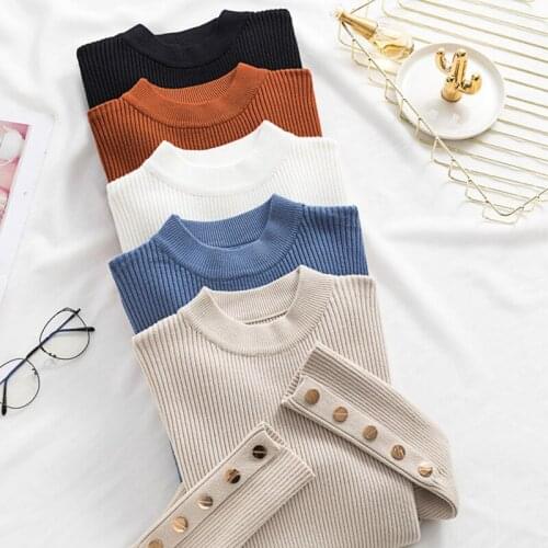 Spring Women Long Sleeve Sweater Winter Knitted Turtleneck Casual Cashmere Pullover Metal Buttons Split Cuff Basic Top