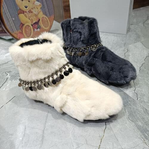 European Station Winter New High-Quality Fur One Color Matching Mink Fur Womens Boots Fashion Thick Warm Ski Boots