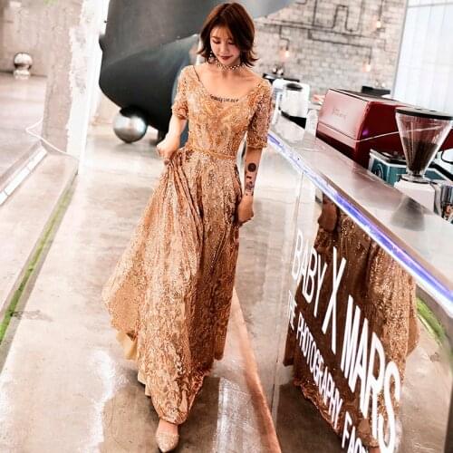Gold Sequin Luxury Long Dresses Qi Pao Women Chinese Evening Dress Cheongsam Modern Host Elegant Slim Qipao Fashion Party Gown