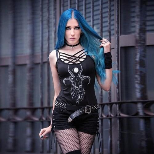 Umeko Gothic Bandage Tank Top Sexy Hollow Out Goat Print Spaghetti Strap Tops 2019 Summer Bodycon Camisola Plus Size