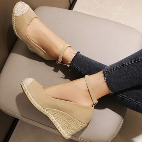 LIHUAMAO Espadrilless shoes women wedges platform round toe ladies high heel pumps party wedding slingback Mary jane shoes