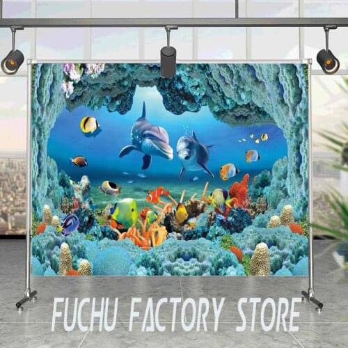 Sea Fish Backgrounds For Photography Shark Cartoons Shell Coral Underwater Birthday Party Baby Child Photo Backdrop Props Vinyl
