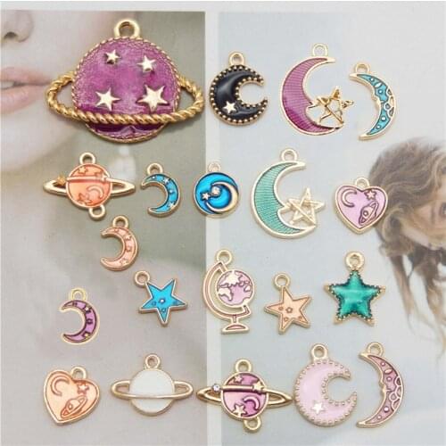 Julie Wang 20PCS Enamel Charms Mixed Planet Star Crescent Moon Zinc Alloy Gold Tone Pendant Bracelet Jewelry Making Accessory