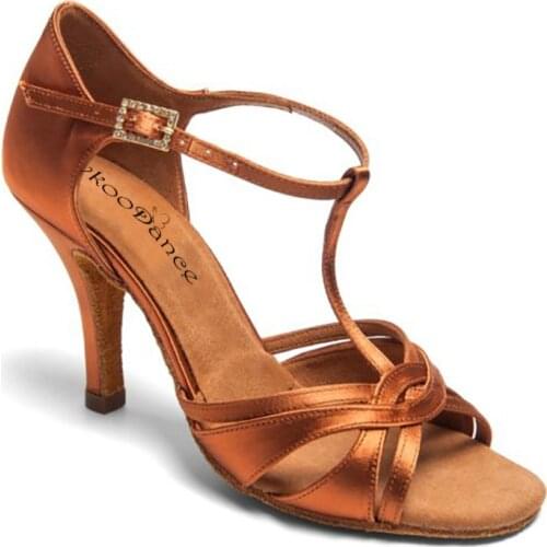 New Arrival Classical Women Dance Shoes Soft 8.5cm Heeled Latin Salsa Ballroom Tango Shoes Grils Brown Satin Party Dance Shoes