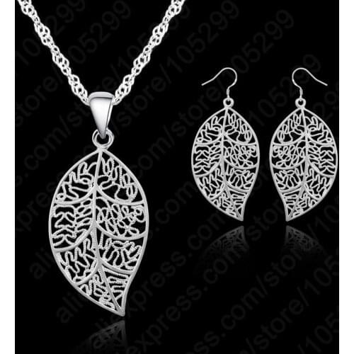 Classic Jewelry 925 Sterling Silver Jewelry Sets leaves Earring Hook And Leaf Pendant Necklaces+18" Singapore Chain