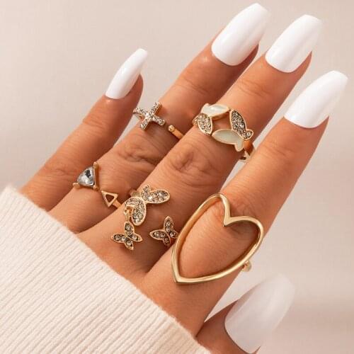 Tocona 5pcs/sets Pretty Butterfly Joint Ring Sets for Women Luxury Crystal Stone Big Heart Open Ring Wedding Jewelry 17827
