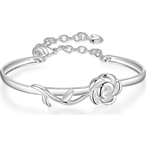 Nice Looking Woman Jewelry Real 925 Sterling Silver Flower Design Bangles Bracelets Wedding Engagement Accessory