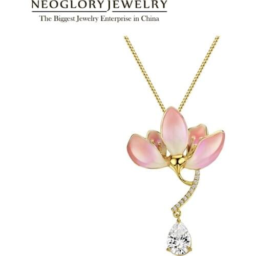 Neoglory Fashion Cubic Zirconia Enamel Pink Flower Copper Long Necklaces & Pendants for Women Gifts Jewelry 2020 New