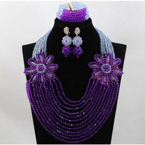 Latest Lilac Purple Wedding Beads African Jewelry Set Flower Indian Costume Necklace Set for Brides Free Shipping WD062