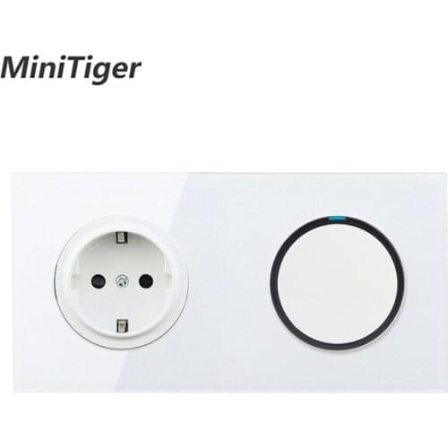 Minitiger White Crystal Glass Panel 16A EU Russia Standard Wall Power Socket + 1 Gang 1 Way On / Off Light Switch LED Indicator