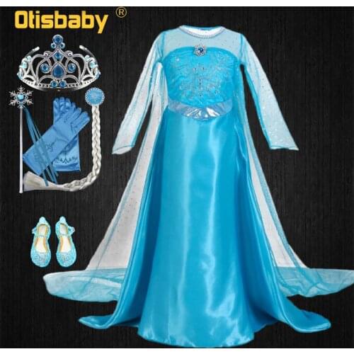 New Year Elsa Anna Princess Dresses for Girls Children Clothing Long Cloak Baby Girl Snow Queen Dress Crown Magic Stick Gold Wig