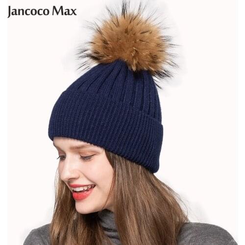 Womens Pompom Hat Knitted Cap Angora Beanies Natural Raccoon Balls Thick Warm Soft Ladies Female Winter Hats S7628