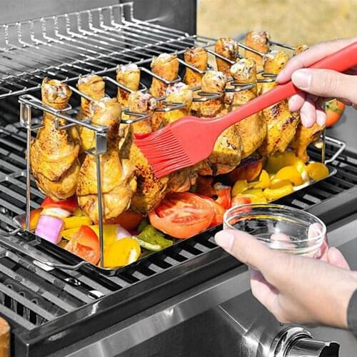 Stainless Steel Chicken Leg Rack Folding Portable Barbecue Tool 14 Slots Metal Roaster Stand Chicken Drumsticks For BBQ Outdoor