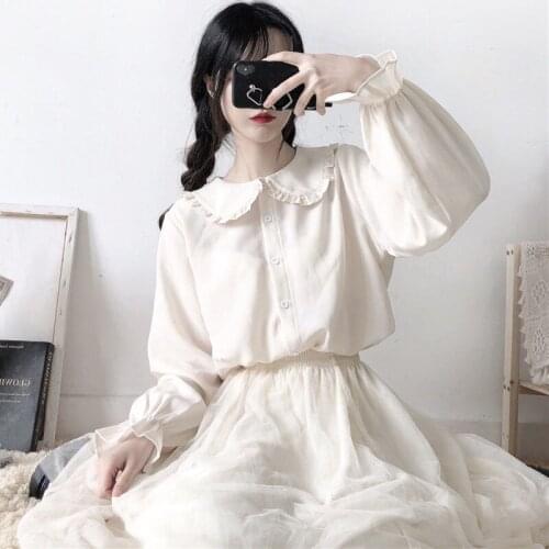 Japanese College Peter Pan Collar Blouse Women Apricot White Collar Shirt Loli JK Top Vintage Victorian Shirt Preppy Style Girl