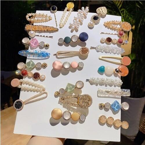 Handmade Pearls Hair Clips Pin For Women Fashion Geometric Flower Barrettes Headwear Girls Sweet Top Clip Crystal Accessories