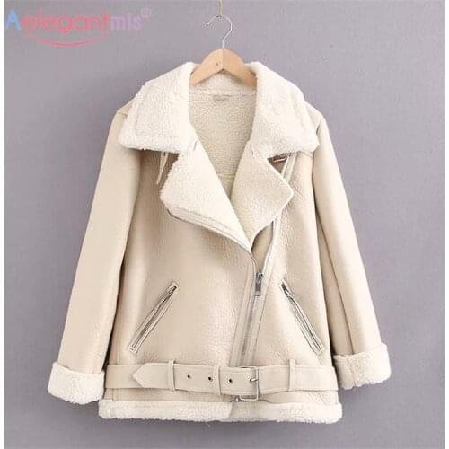 Aelegantmis Moto Biker Style Womens Loose Faux Leather Jacket Patchwork Lamb Warm Thick Coat FemaleTurn-down Collar with Belt