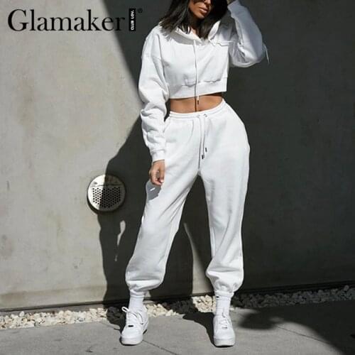 Glamaker Hooded sweatshirt casual women 2 piece suit White high waist pants and sweatshirt ladies winter autumn outerwear 2020