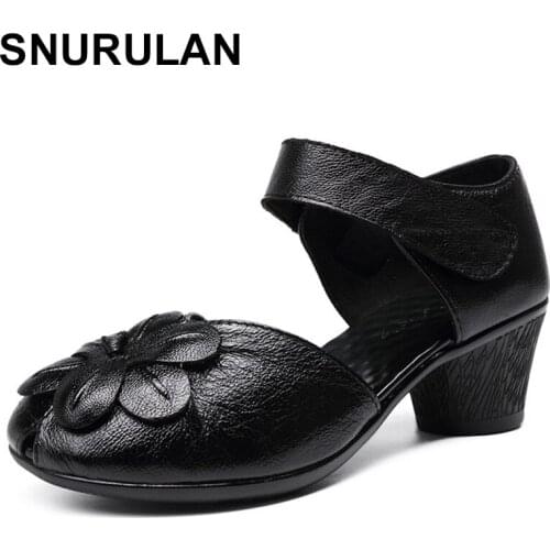 SNURULANwomen shoes2021summer new fashion genuine leather high heels Women Pumps woman handmade flower casual comfortable sandal